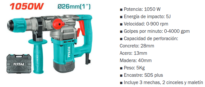 Rotomartillo sdsplus 1050 w 5.5 j Total Industrial (th110266-4)