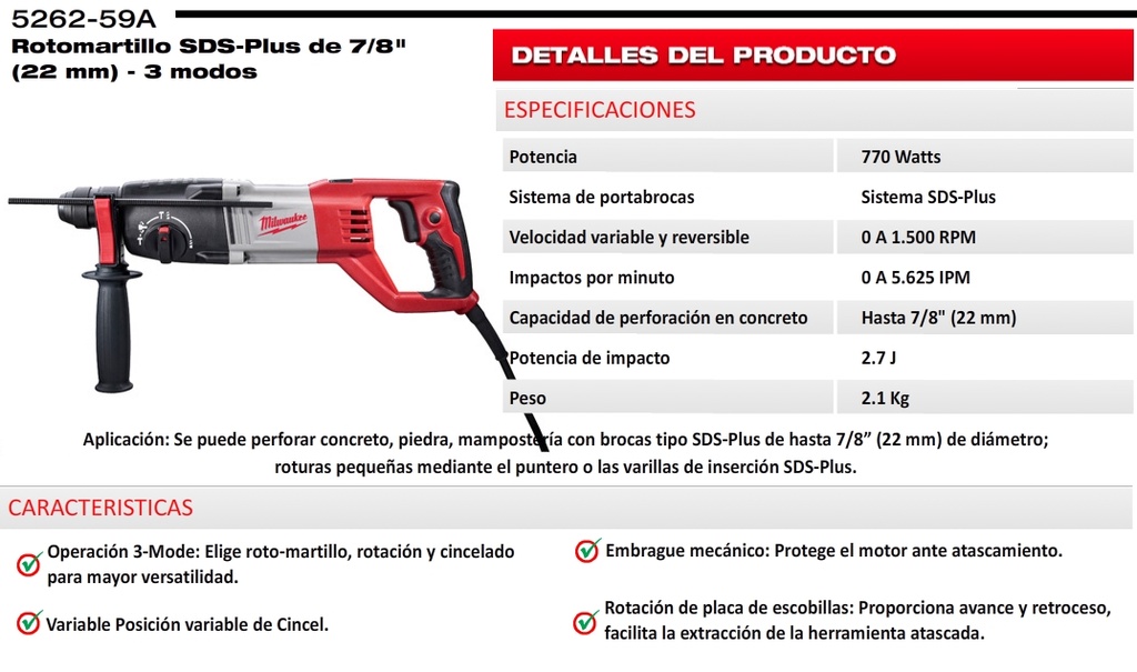 Rotomartillo sdsplus 800 w 2.7 j 5262-59a milwaukee