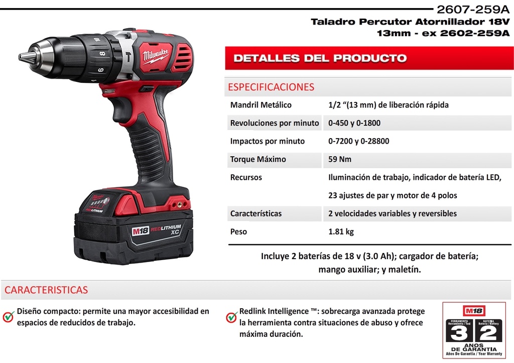 Taladro 18v 13 mm ator perc li 2 bat carg 2607-259a milwaukee